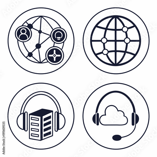 Four icons representing nature, global connectivity, audiobooks, and headphones. Vector