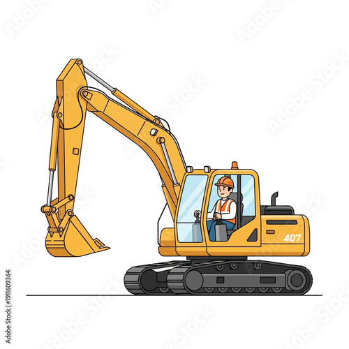 Yellow excavator with driver on construction site, heavy machinery, industrial equipment