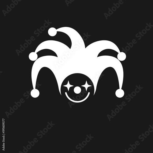 Minimalist Jester Hat with Smiling Clown Face Icon on Black Background