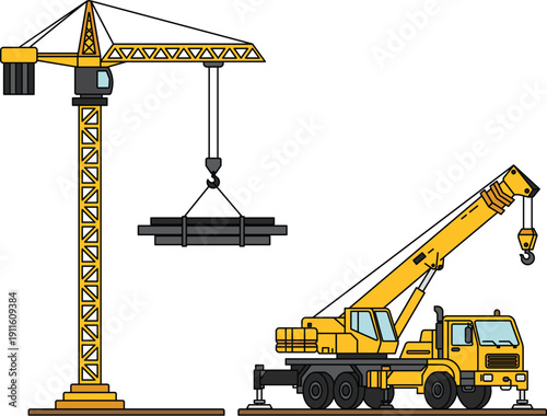 Tower Crane and Mobile Crane Construction Machinery Vector Illustration