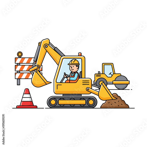 Construction site with excavator, roller, and safety barriers