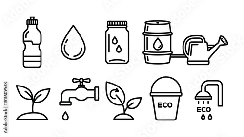 Eco-Friendly Elements: Minimalist vector illustration of eco-friendly elements essential for promoting sustainability and environmental awareness. Featuring water drop, watering can, sapling, etc. 
