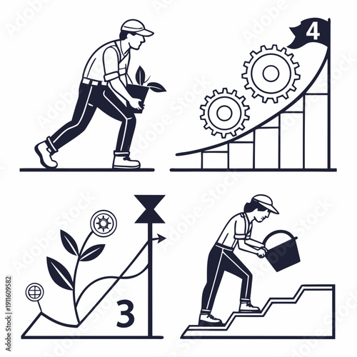 A person running up a steep hill with various obstacles and challenges Vector