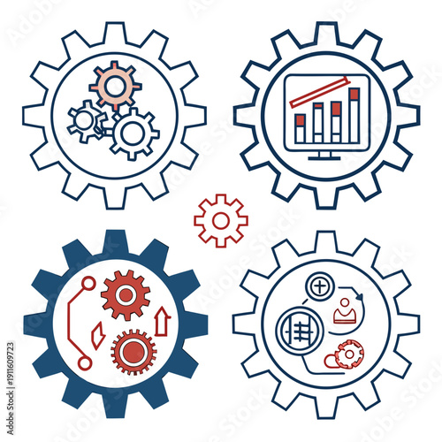 Colorful gears with various icons representing different aspects of industry and technology. Vector