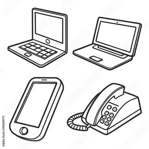 Illustration of various communication devices including a laptop, phone, and landline Vector