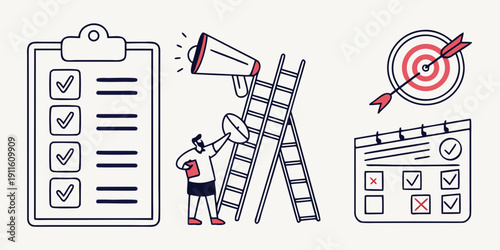 A person climbing a ladder to reach a target symbolizing goal achievement and project completion Vector