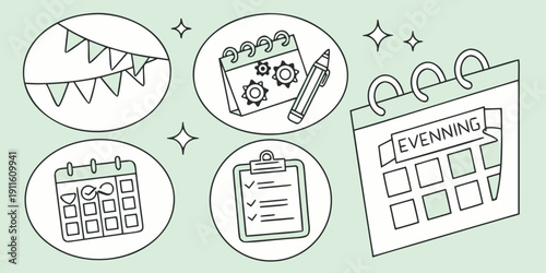 A diverse collection of food items and cooking utensils on a table. Vector