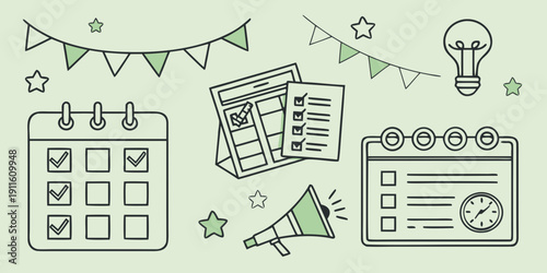 A whimsical illustration of a calendar, schedule, and planning elements Vector