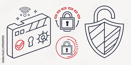 Illustration of a credit card, padlock, and shield with various security symbols. Vector