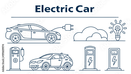 A variety of electric cars and their charging stations depicted in a simple illustration. Vector