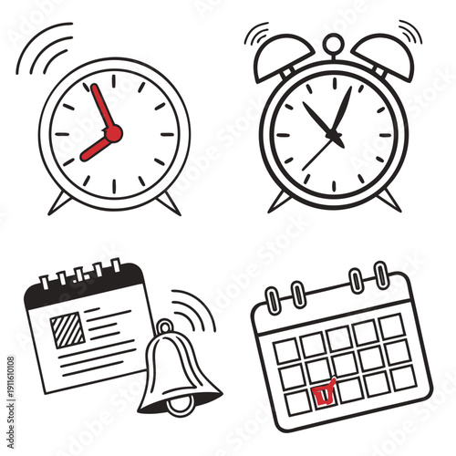 A collection of time-related items including clocks, an alarm clock, and calendars. Vector