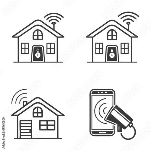 Illustration of smart home technology with interconnected houses and a smartphone Vector