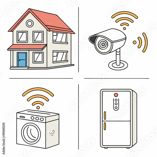 Smart home security system with connected devices and surveillance camera Vector