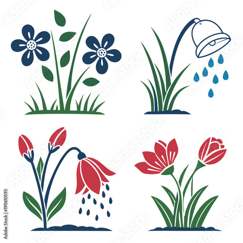 A delightful illustration showcasing four distinct and vibrant flower arrangements Vector