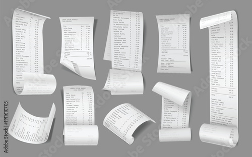 Paper receipt realistic template, register sale printed receipts mockup for POS and payment concept. 3D realistic vector isolated set