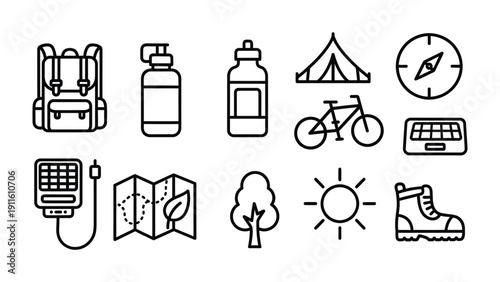 Adventure Essentials: A collection of essential outdoor adventure icons, showcasing the tools and gear necessary for exploration and outdoor activities.