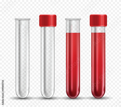 Realistic glass test tube with blood 3d mockup. Transparent empty lab container with red lid, medicine laboratory check up equipment. Clinical diagnostic, hematology vial vector isolated template