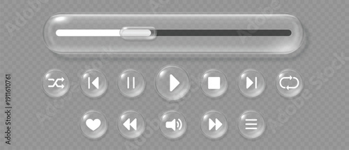 Liquid glass media play, 3d transparent realistic button with control icons. Glossy glassmorphism interface, bar slider and play, stop and pause, favorite music symbols. Mobile app UI vector template