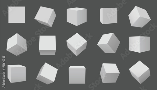 3d white cube. Realistic box in various perspective angle, block geometric abstract shapes. Paper package with shadow, rotation mockup. Polyhedron minimal education geometry model vector isolated set