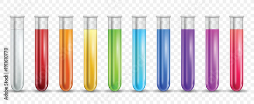 3D realistic glass test tube with biological color liquids. Transparent lab container, medicine laboratory check up equipment. Clinical diagnostic, hematology vial vector isolated mockup