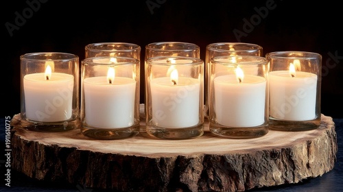Wallpaper Mural A row of white votive candles casting warm light in clear glass holders on a rustic wooden surface creates a peaceful, glowing display. Torontodigital.ca