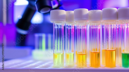 A row of sterile test tubes with colorful liquid samples, arranged in a vibrant laboratory setting, ready for scientific analysis and discovery.