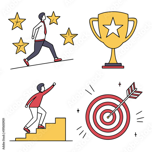 Illustration of people achieving goals with stars, a trophy, and a target Vector