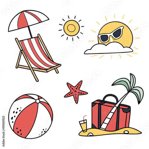 A vibrant illustration of beach items and animals enjoying a sunny day Vector