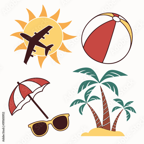 Beach essentials including sunglasses, umbrella, and a beach ball Vector
