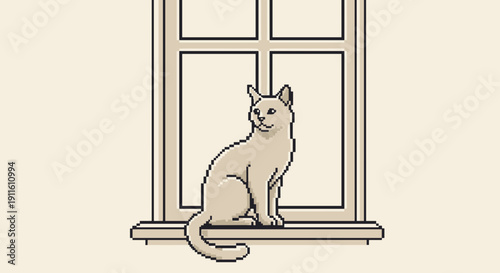 Cat Sitting on Windowsill Line Drawing.