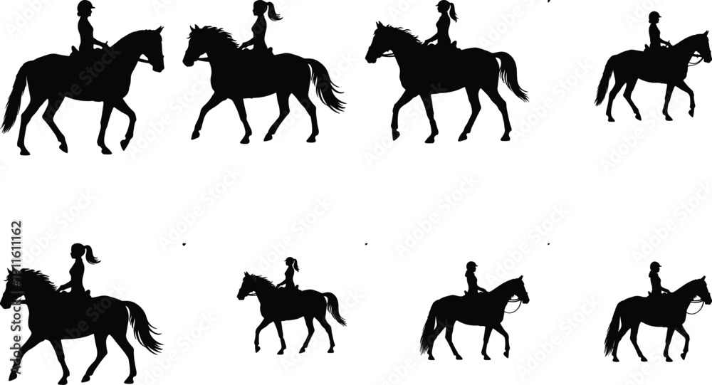 Fototapeta premium Equestrian woman silhouette set, horse riding, vector art