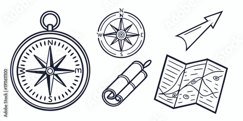 A collection of vintage and modern navigation tools for outdoor adventures Vector