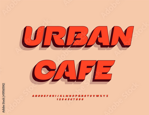 Vector Stylish signboard Urban Cafe. Fashion Red 3D Font. Modern Italic Alphabet Letters and Numbers set.