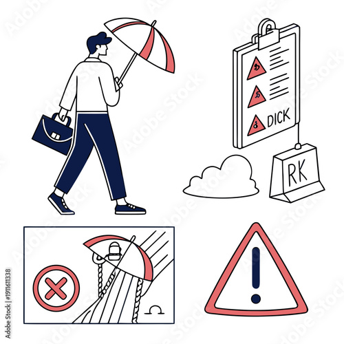 Man with a briefcase navigating through various road signs and obstacles Vector