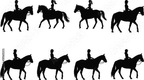 Equestrian woman silhouette set, horse riding, vector art