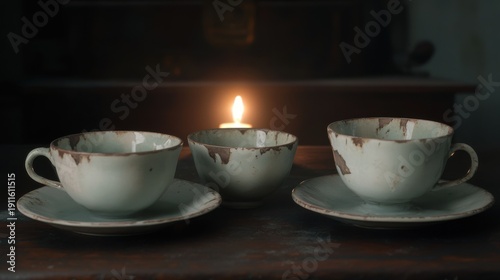Wallpaper Mural Vintage ceramic teacups and saucers carefully arranged with candlelight on a dark surface, highlighting their aged beauty and intimate ambiance. Torontodigital.ca