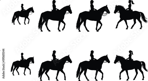 Equestrian woman silhouette set, horse riding, vector art