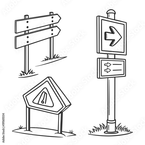 Various road signs indicating directions and warnings for drivers and pedestrians. Vector