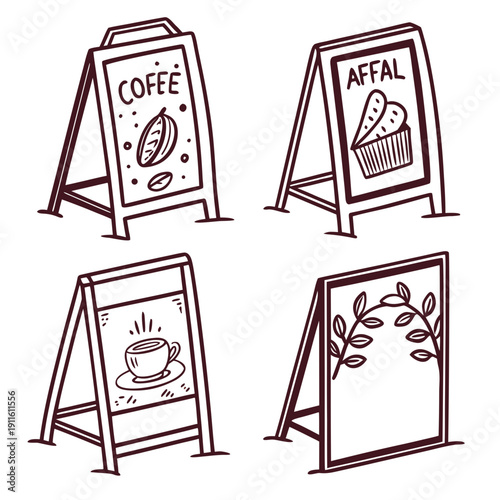 Four different types of sandwich board signs displayed in a variety of settings. Vector