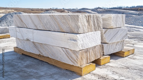 Stacked rough-hewn granite blocks displaying their natural texture are observed at an expansive outdoor quarry site under a bright sky, showcasing raw material for construction.