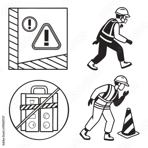 Illustrations of various safety signs and people engaging in safe practices Vector