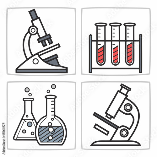 A collection of laboratory equipment used for scientific experiments and analysis. Vector