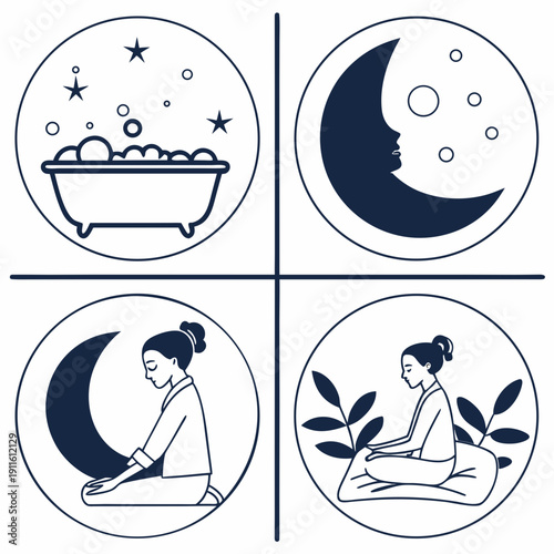Four illustrations depicting various nighttime activities and symbols. Vector