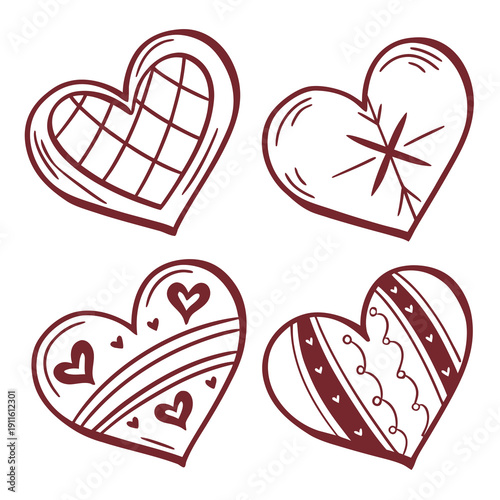Four distinct heart shapes with unique patterns and designs. Vector