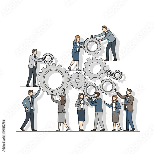 Teamwork and Collaboration: People assembling gears for business success