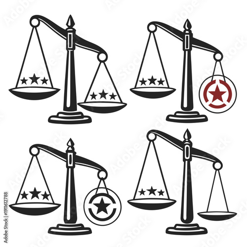 Five scales with different symbols representing various aspects of law and justice Vector