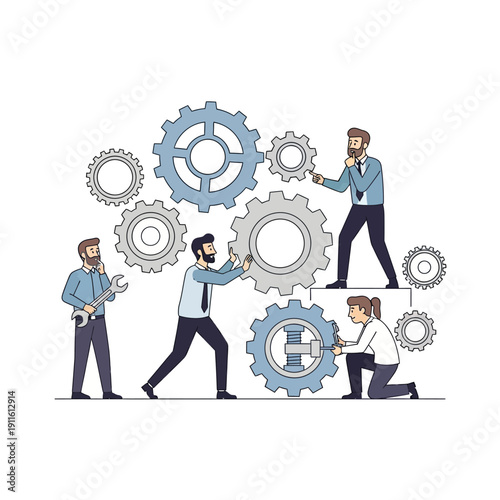 Teamwork and collaboration: people working together assembling gears