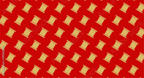 Repeating Pattern of Small Gold Squares on Red.