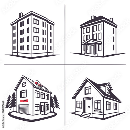 Four distinct architectural styles of residential buildings showcased in a single image Vector