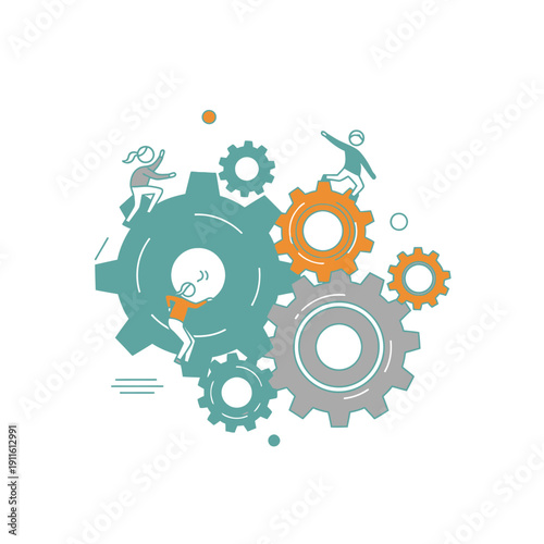 Teamwork and Collaboration: People working together on gears, illustrating synergy and shared goals.